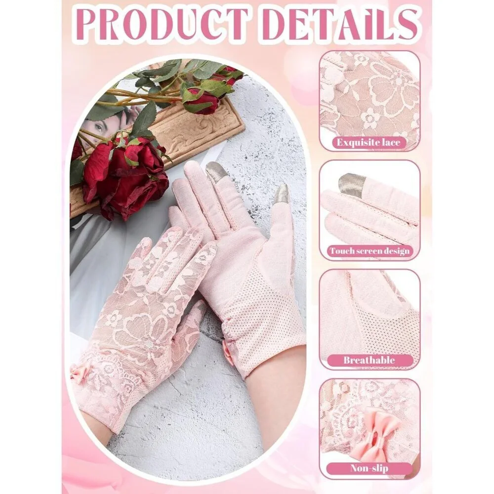 Women's Pink Short Floral Finger Less Nylon Halloween Cosplay Lace Gloves
